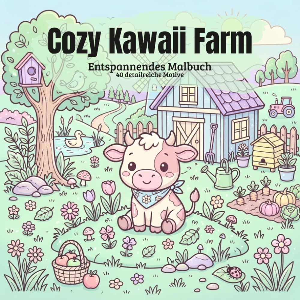 Cozy Kawaii Farm - Entspannendes Malbuch - 40 detailreiche Motive: geeignet für ältere Kinder, Teenager und Erwachsene
