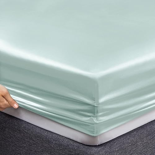 Miniatura 6 de Vonty - Juego de sábanas de satén, sedosas, tamaño matrimonial, color azul hielo, 1 sábana bajera con bolsillo profundo + 1 sábana encimera + 2