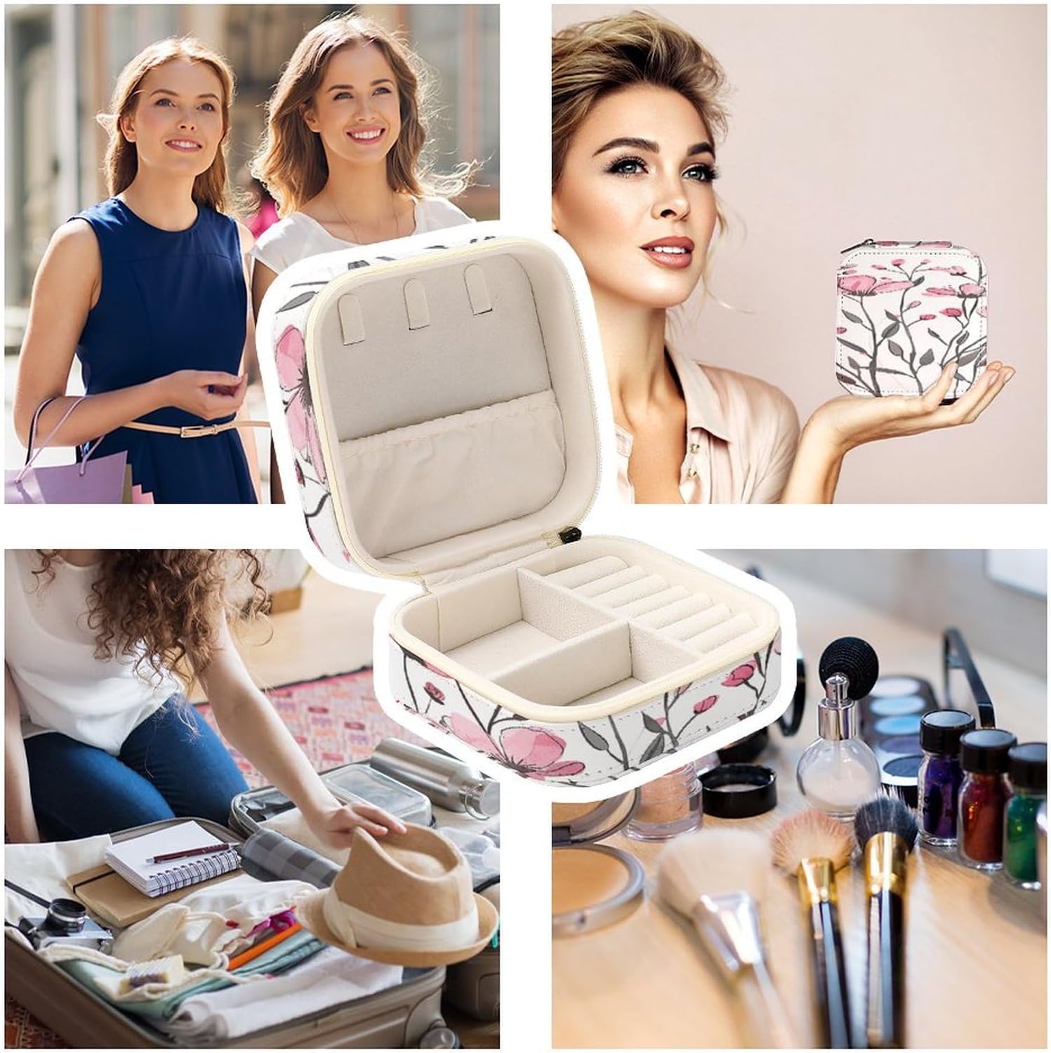Women's Fashion Jewelry Box, Peach Wild Flower Printing To Go Portable Jewelry Box, Personalized Travel Mini Jewelry Organizer,Exquisite Portable Jewelry Box image 4