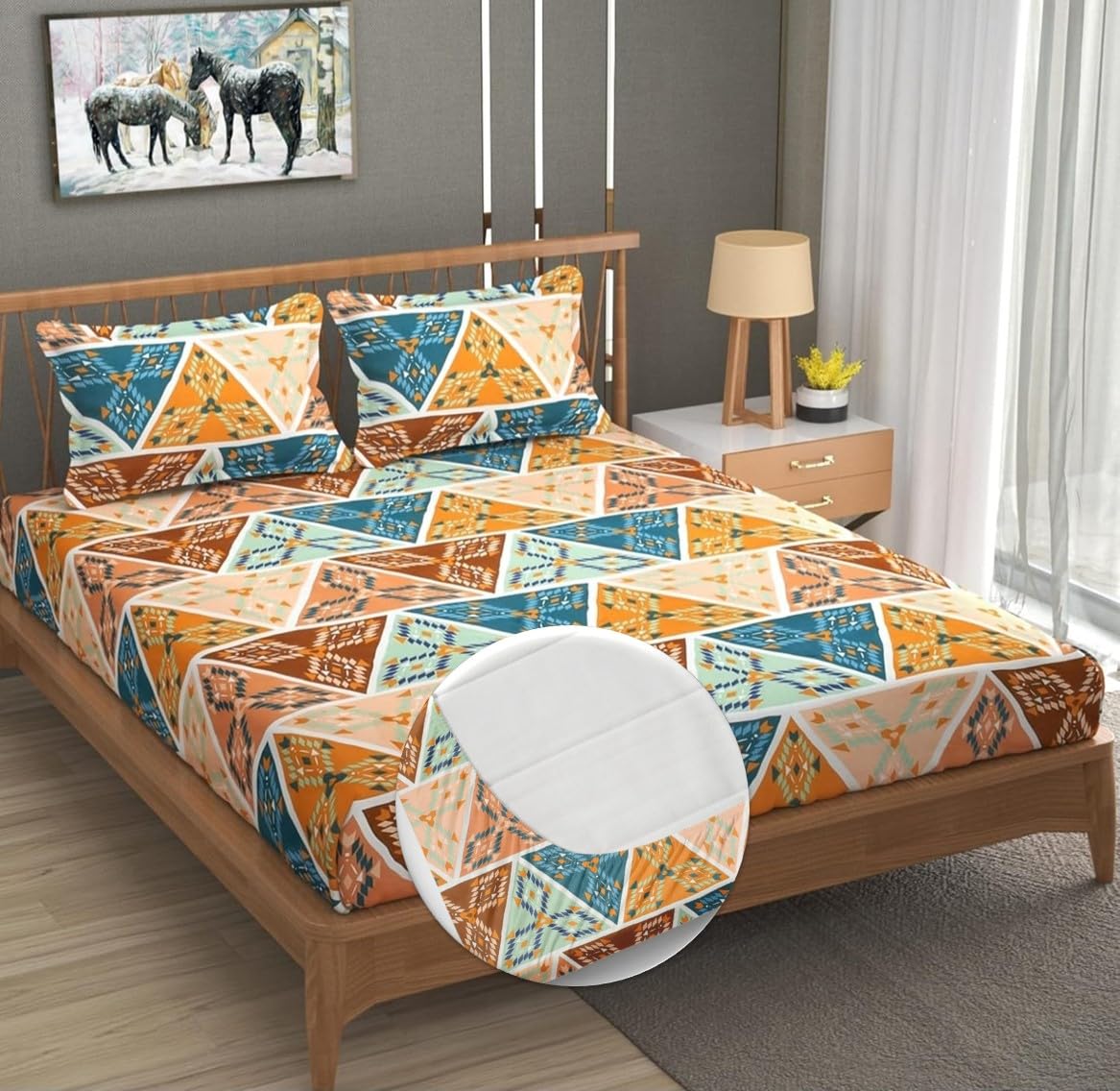 NEW LEAF Pure Cotton All Round Elastic Fitted Bedsheets for Double Bed with 2 King Size Pillow Covers 220 TC Supersoft |Wrinkel Free Bed Cover Size - 72x78+8 inches | Multicolour