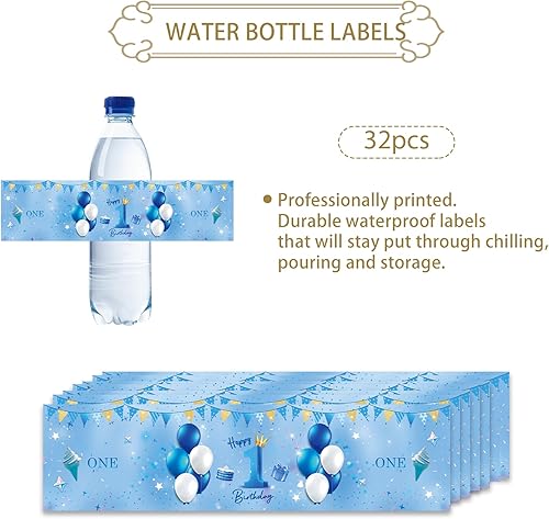 Miniatura 2 de 32 etiquetas azules para botellas de agua de primer cumpleaños, globos azules con purpurina para cumpleaños de un año, etiquetas para botellas de