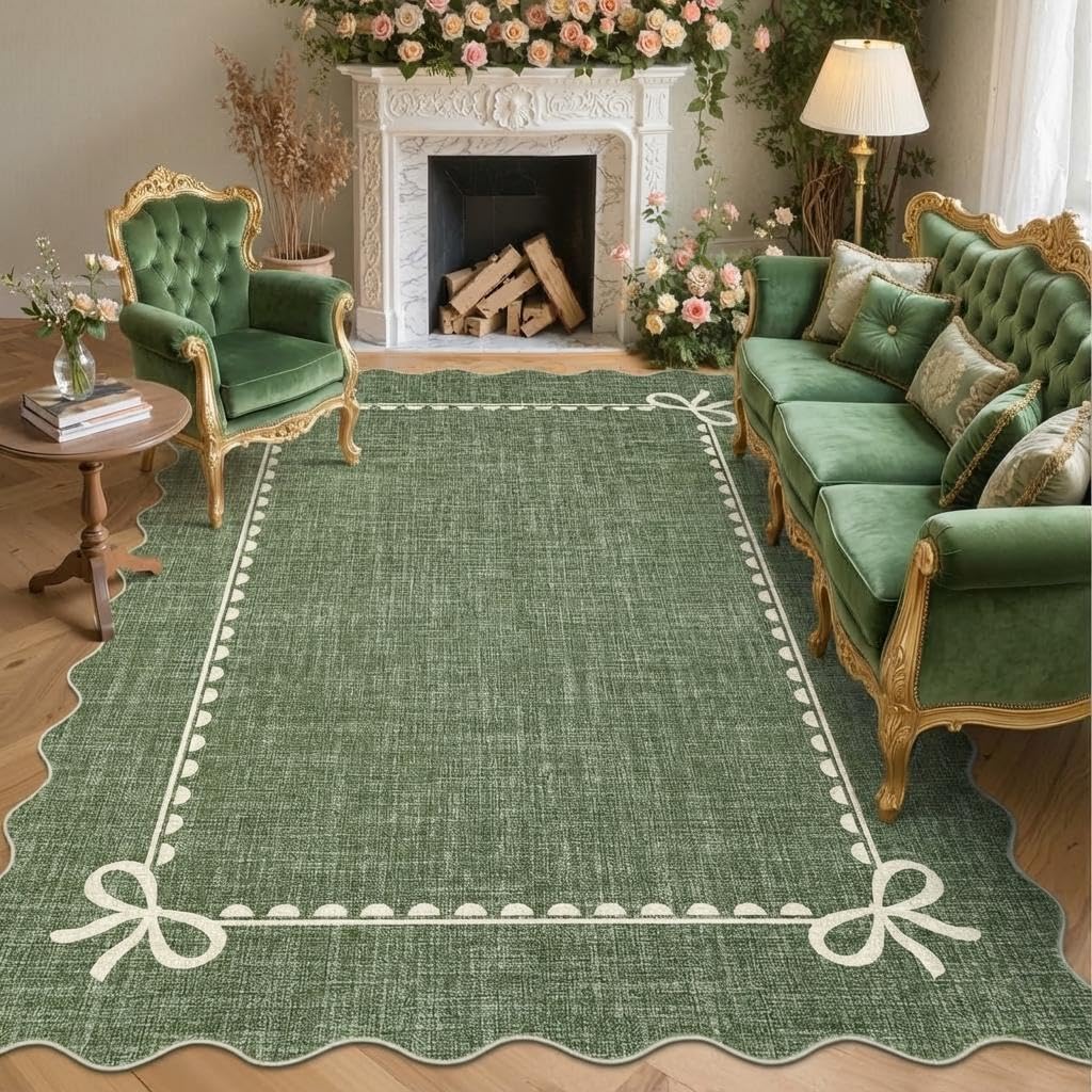 CAROMIO Scalloped Rug for Living Room 160x230 cm, Washable Area Rug with Bow Design, Low Pile Non Slip Ultra Thin Floor Mat for Lounge Bedroom, Green — image 1