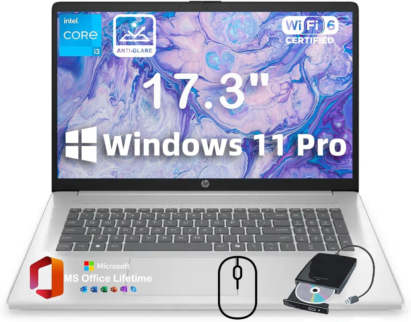 HP 17.3" Laptop for Business and Students 2025 • w/Office & External DVD Drive • HD+ Anti-Glare Display • Intel (8-Core) i3 - N305 • Win 11 Pro • Wi-Fi 6 • Copilot AI • 16GB RAM • 512GB SSD