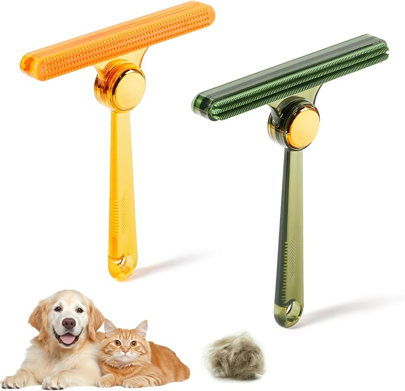 Potaroma Pet Hair Remover 2 Pack, Reusable Fur Removal Tool for Couch Car | Dual Sided Scraper & Fabric Depiller, Gentle on Upholstery, Carpets, Rugs & Bedding, Lightweight Travel Size, Orange & Green