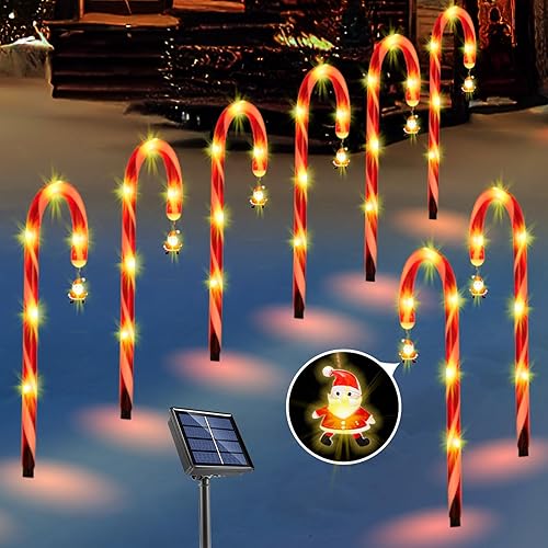 Paquete de 8 luces solares de bastón de caramelo, decoraciones navideñas para exteriores, luces LED para caminos con Papá Noel, para pasarela,