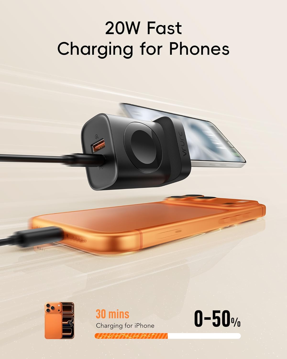 VRURC Charger for iPhone & Apple Watch, 20W USB C Fast Charging Block, 3-in-1 Compact Travel Adapter with 2 Port for iPhone 17/16/15/14/13, Wireless Magnetic for iWatch SE/11/10/9/8/7/6/5/4-Black