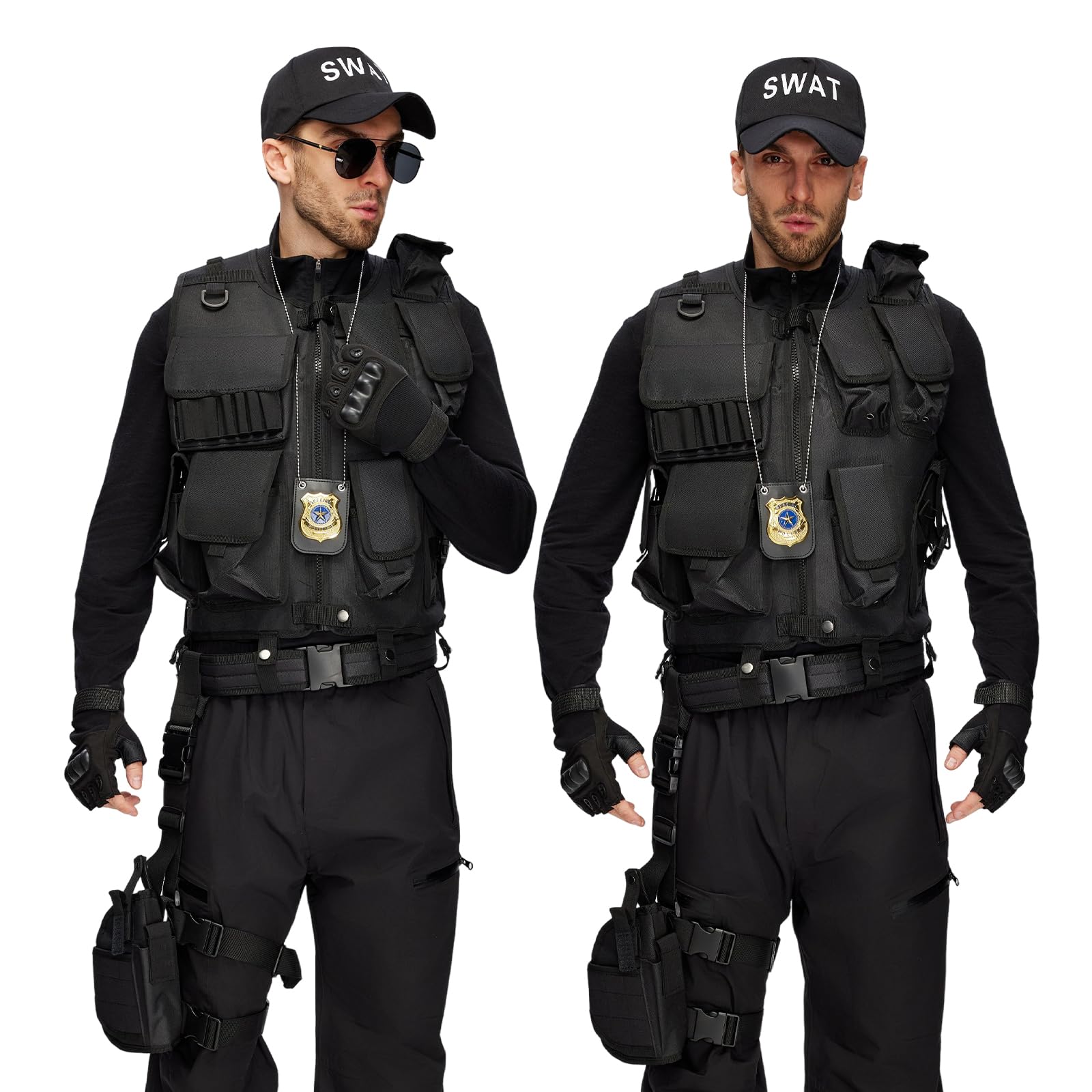 Conjunto Disfraces Swat para Hombre, Chaleco Swat Security con Equipamiento Policial, Chaleco Policial Negro para Carnaval, Halloween y Cosplay