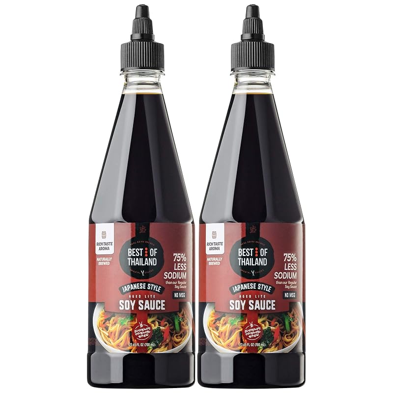 Best of Thailand Japanese Soy Sauce | Japanese Style Barrel Aged Lite Dark Soy Sauce | 2 Bottles of 23.65oz Real Authentic Asian-Brewed Marinade Sauce & Glaze for Sushi | No MSG 75% Less Sodium