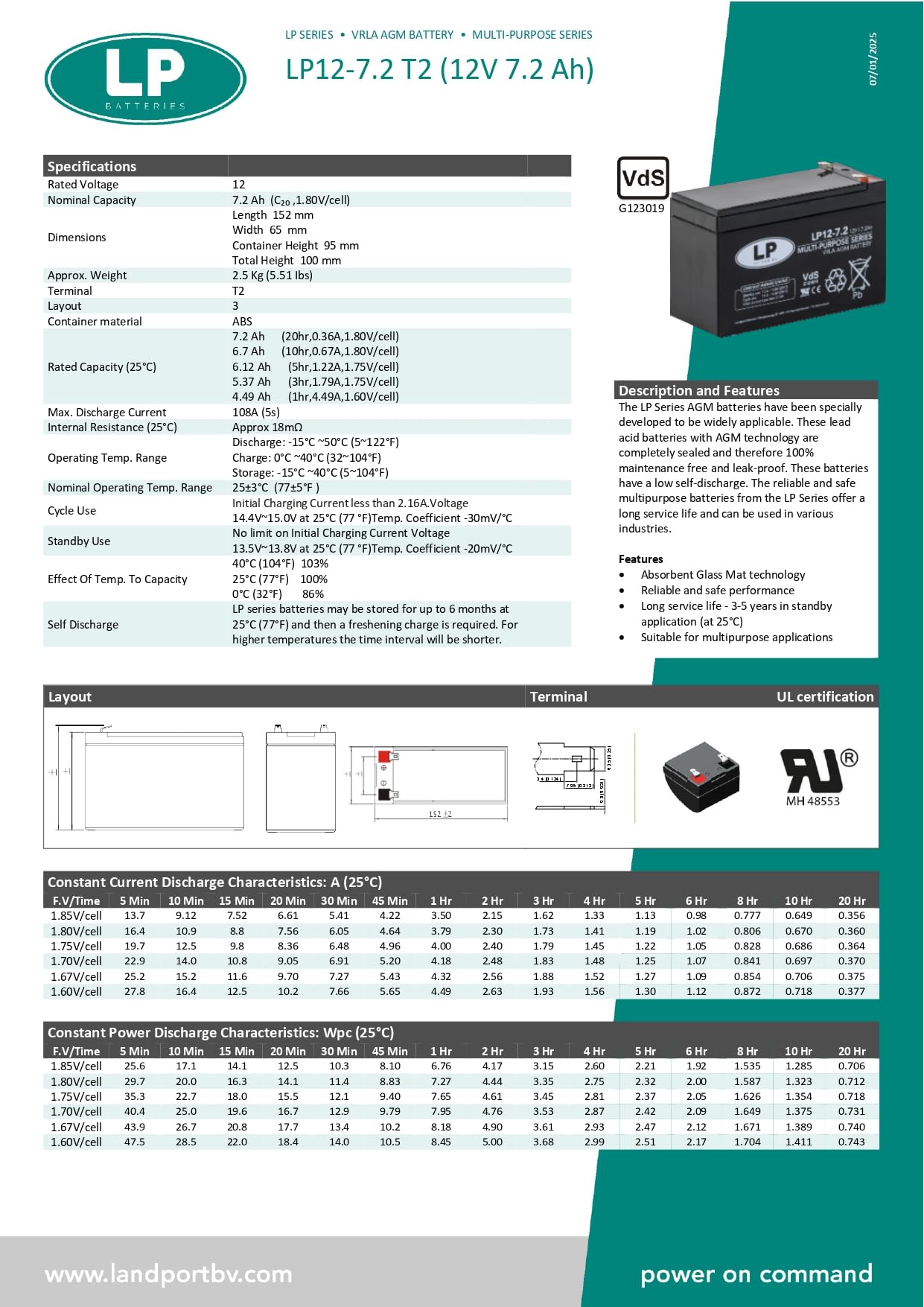 Landport - Batería AGM 12V 7,2Ah LP12-7,2 VDS - Batería de Plomo-Ácido Libre de Mantenimiento, Alta Fiabilidad, Terminal T2/F2 - Batería Sistemas de Seguridad, UPS, Energía de Respaldo