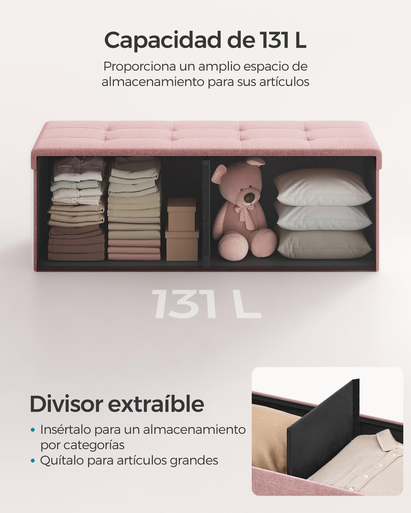 SONGMICS MAZIE Colección - Puff Almacenaje, Banco Plegable, 38 x 110 x 38 cm, Taburete Reposapiés, Pie de Cama, Soporta hasta 300 kg, para Sala de Estar, Dormitorio, Entrada, Rosa Jalea LSF077R11 | Minota LSF077R11 - Reposapiés (capacidad de carga de 300