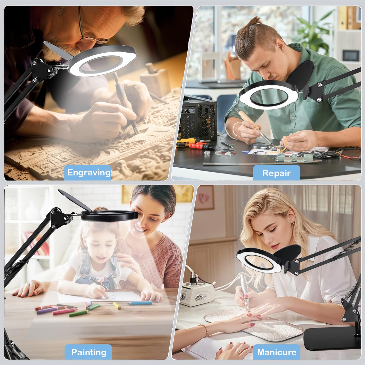 15X Magnifying Glass with Light and Clamp, LED Magnifying Lamp with Base, 5 Color Modes & 10 Brightness Levels, Hands-Free Desk Magnifier with Dust Cover for Crafts, Sewing, Repair, Close Work, Hobby