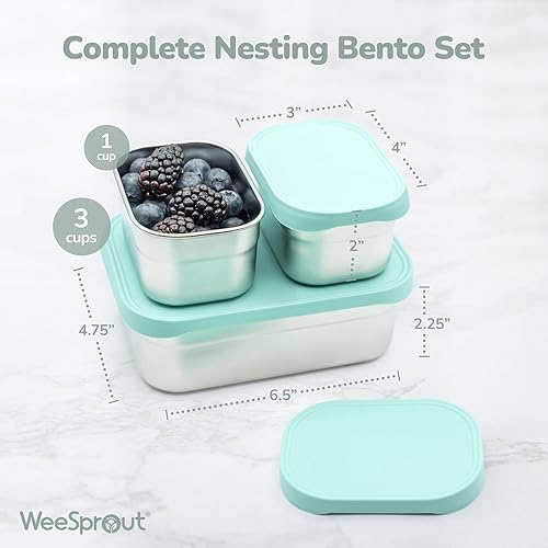 Miniatura 2 de Set de Loncheras WeeSprout de Acero Inoxidable - 750mL & 230mL Cajas Bento Anidadas de Almacenamiento de Alimentos con Tapa de Silicona de Grado