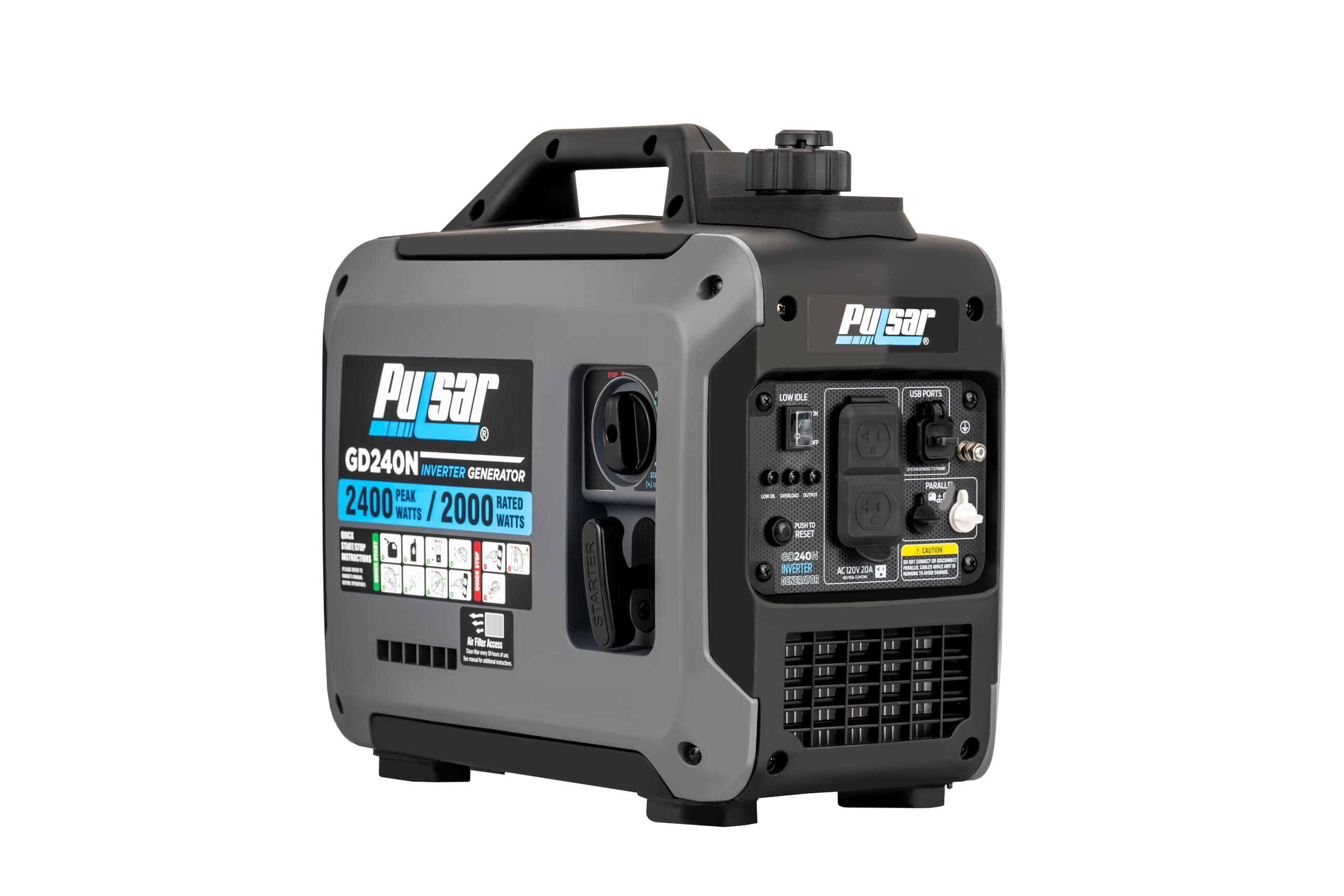 Pulsar 2,400W Portable Gas-Powered Quiet Inverter Generator With USB Outlet & Parallel Capability, GD240N