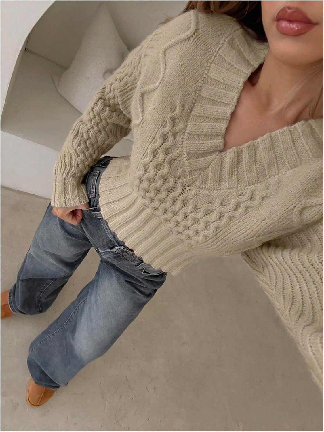 MakeMeChic Women's V Neck Cable Knit Sweater Long Sleeve Going Out Pullover Crop Tops - Image 4