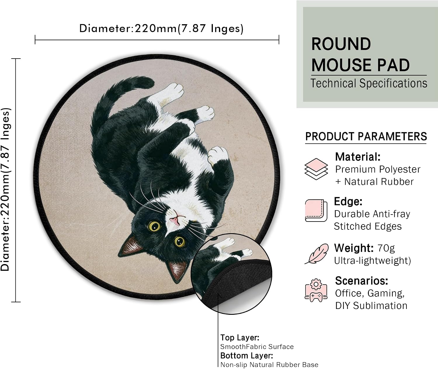 Cute Tuxedo Cat Mini Round Mouse Pad with Non-Slip 8.6x8.6in image 2