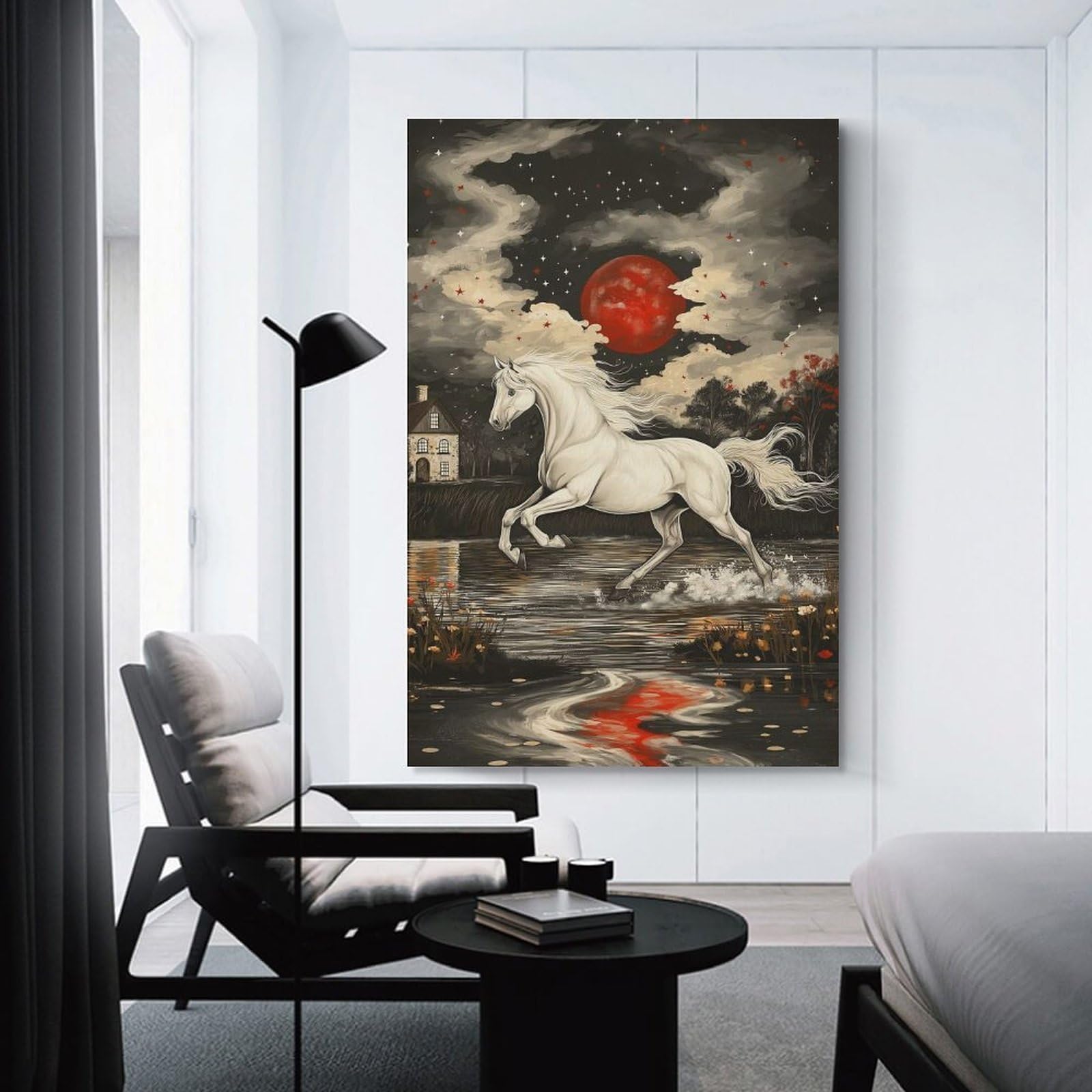 Junmoney White Horse Running Under Red Moon Drawing Room Decor Wall Art 12x18inch(30x45cm), for Art Walls, Layered Displays Or Homes, Wall Decor Suited to Curated Displays