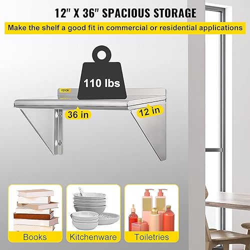 Miniatura 4 de VEVOR Estante de pared de acero inoxidable, estantería comercial de montaje en pared con protector contra salpicaduras y 2 soportes para