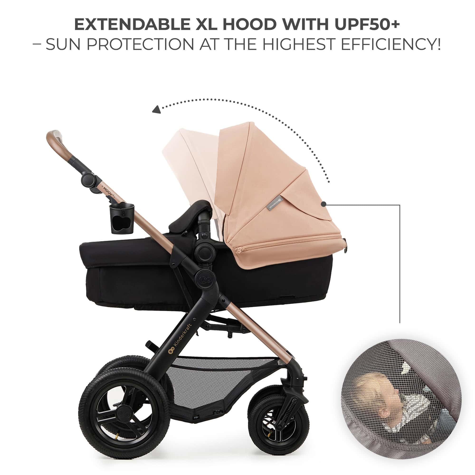 Kinderkraft MOOV 2 AIR, carrito 4 en 1 con capazo y silla de paseo 2 en 1, ruedas hinchables todoterreno, Travel System con MINK PRO i-Size, hasta 22 kg, Beige