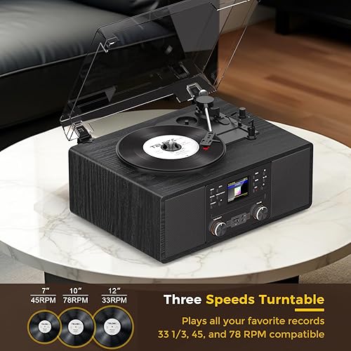 Miniatura 6 de Tocadiscos de vinilo Bluetooth con CD y radio por Internet, tocadiscos de 3 velocidades con grabación USB, salida AUXRCA, control remoto y tono,