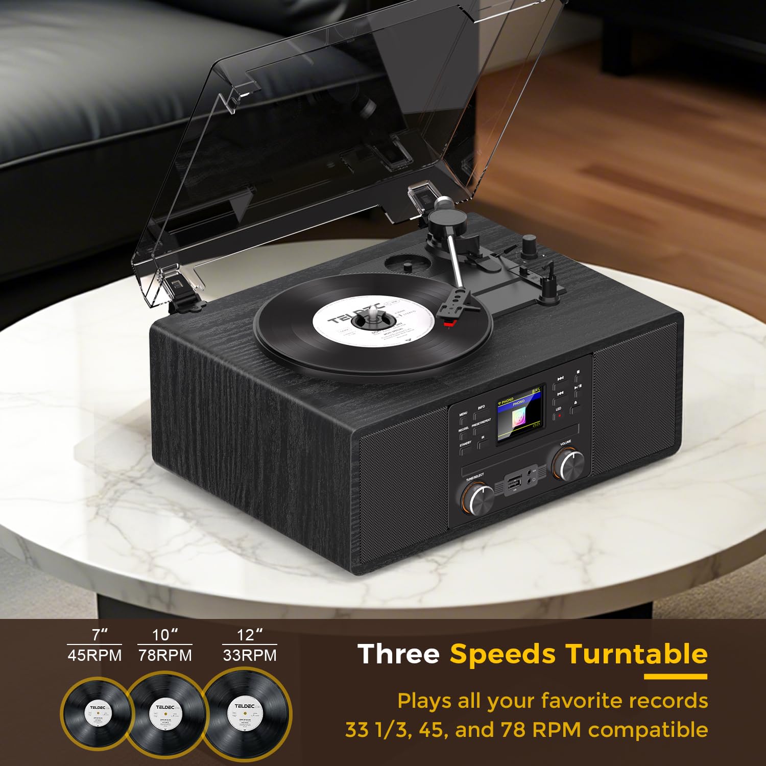 Giradischi Bluetooth in vinile con radio CD e Internet, giradischi con trasmissione a cinghia a 3 velocità con registrazione USB, uscita AUX/RCA, tono e telecomando, lettore in vinile nero vintage per