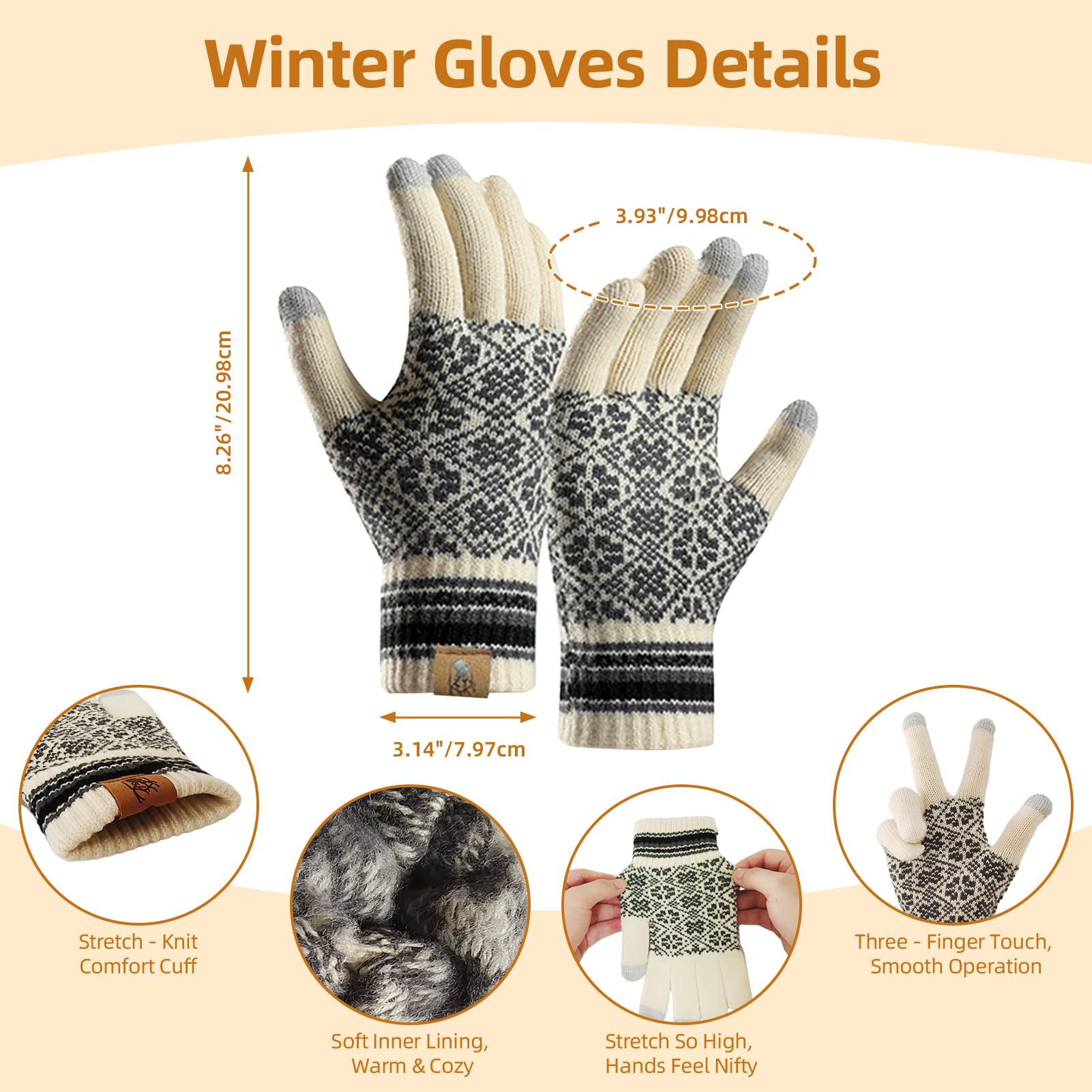 Mütze Schal Handschuh Set Winter Weich Warm Pelzgefütterte Bommelmütze Langer Schal und Touchscreen Handschuhe Set 3-teiliges Retro Schneeflockenmuster Gestrickte Damen Unisex