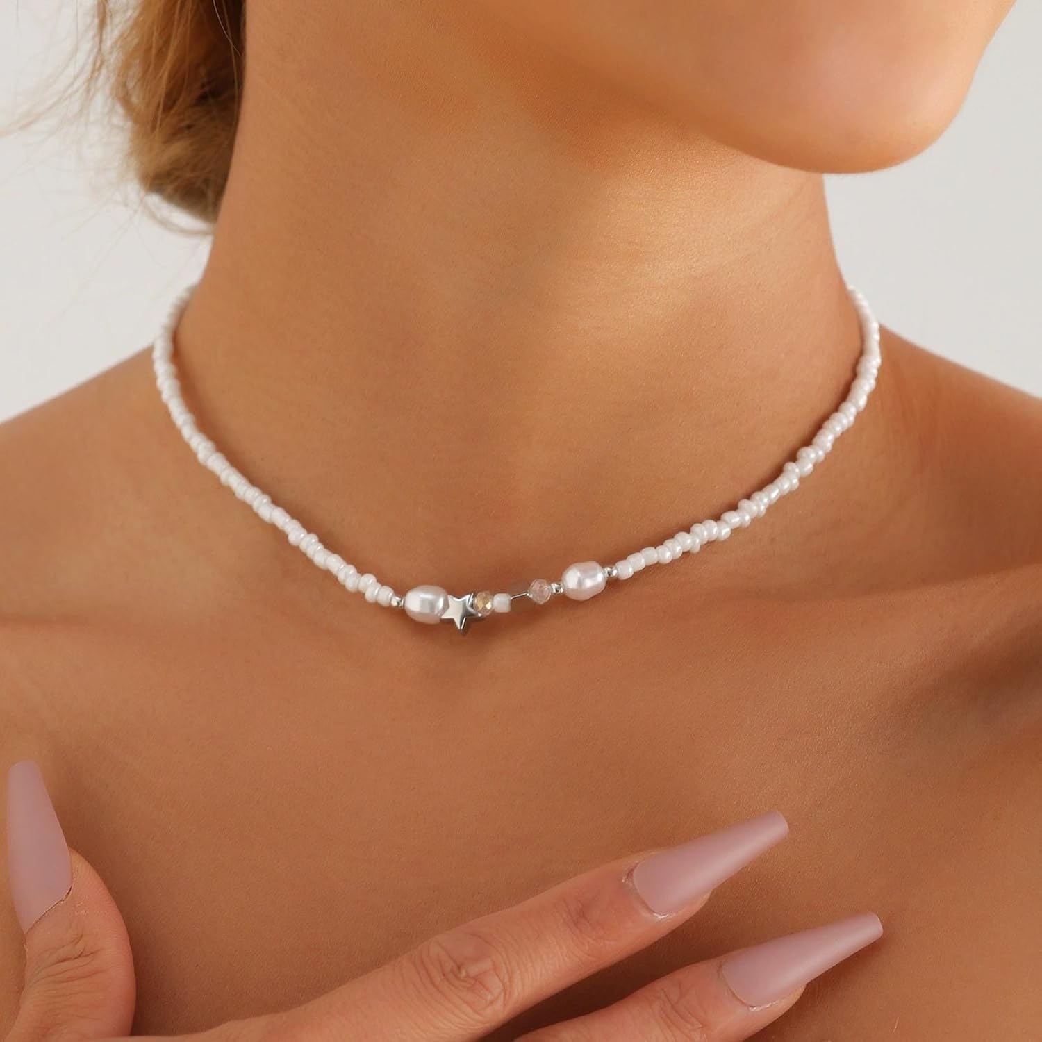 Bohemian Pearl Rice Bead Choker Necklace White Seed Bead Collar Necklaces Silver Metal Star Chain Necklace Minimalist Baroque Pearl Necklaces Jewelry for Women - Image 2