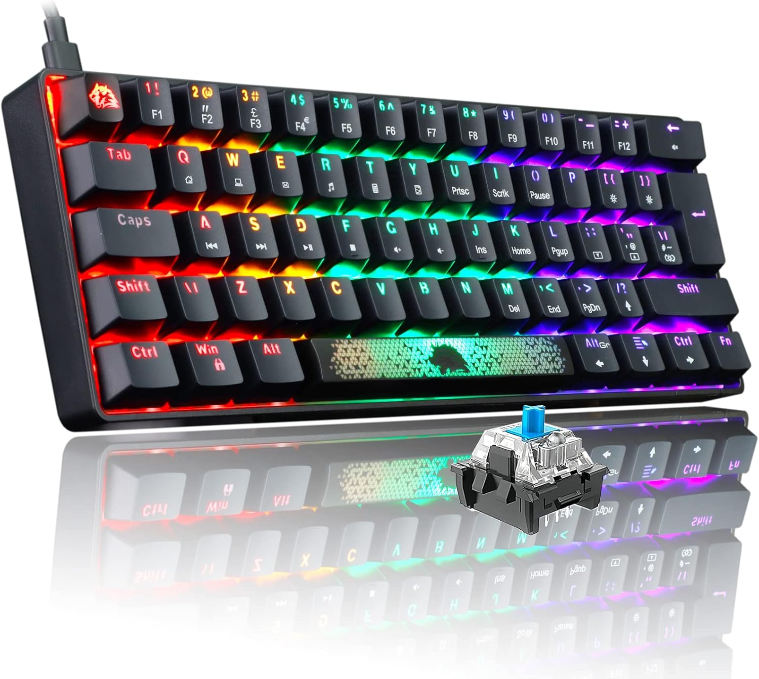 FELICON Portable 60% Mechanical Gaming Keyboard Type C Wired 62 Keys LED USB Waterproof Mini Keyboard 20 Chroma RGB Backlight Anti-ghosting Keys+Extra Keycaps for Computer/PC/Laptop/MAC