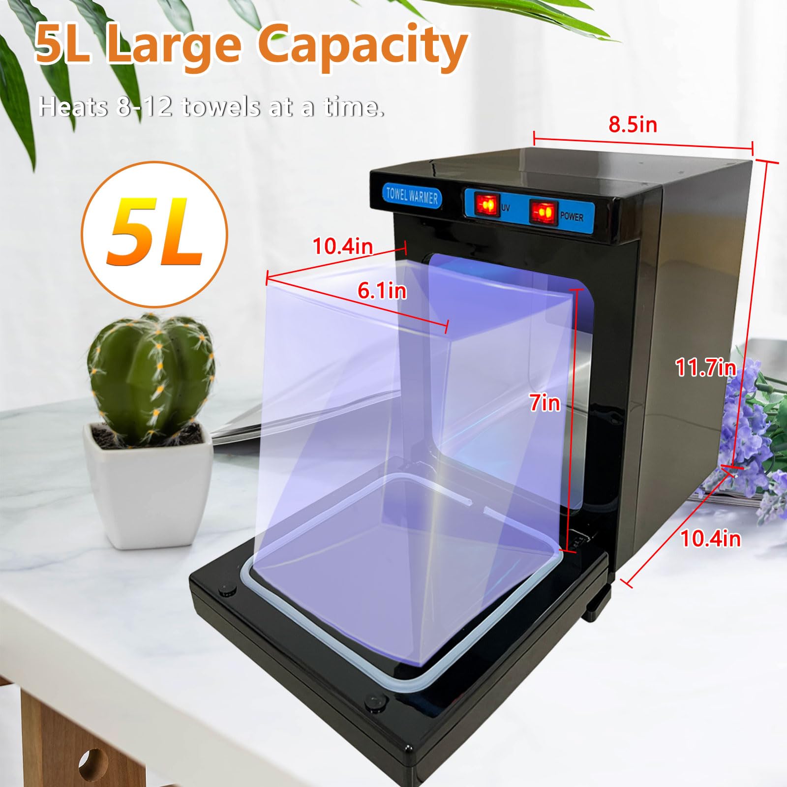 Calentador de toallas eléctrico, 5 L, radiador eléctrico con esterilizador UV de 360 ° para 8 – 12 toallitas, secador de toallas eléctrico de 176 °F para peluquería, salón, baño, belleza