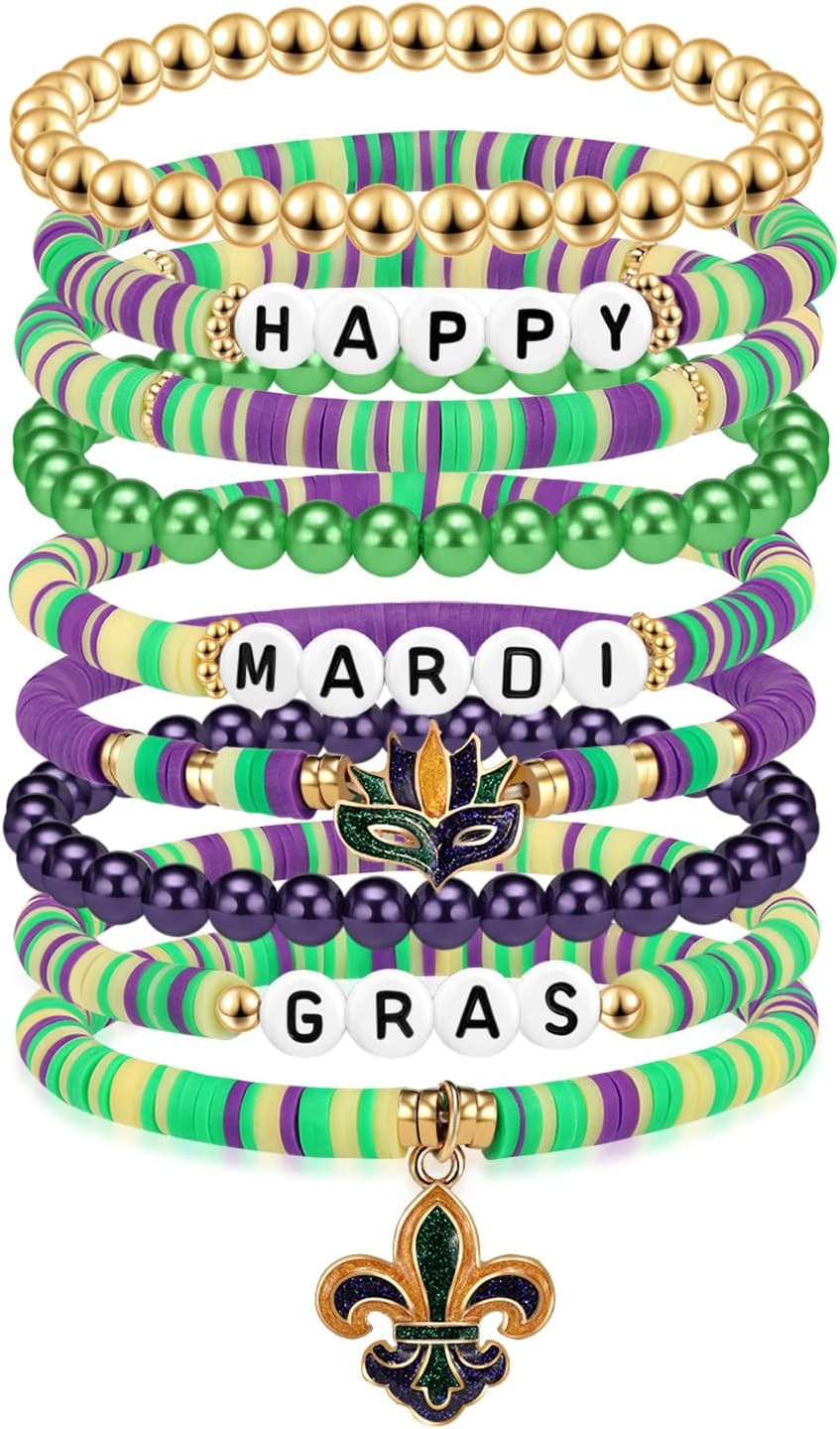 Mardi Gras Beaded Bracelet for Women Purple Green Gold Beaded Mask Fleur De Lis Dangle Charm Bracelets Carnival Holiday Accessory