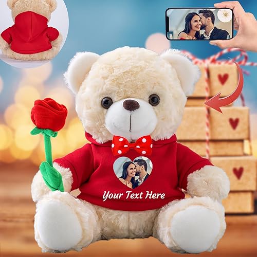 Oso de peluche personalizado con foto y texto personalizado, oso de peluche de San Valentín con rosa y lazo para ella como regalo personalizado para