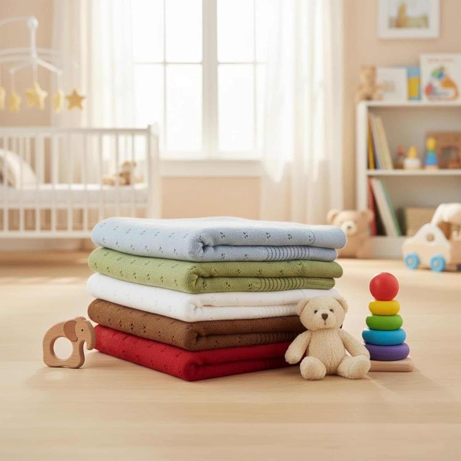 Baby Knit Blanket, 100% Cotton Eyelet Patterns, Soft, Cozy, Lightweight Swaddle for Newborn & Infant Swaddling Beige Neutral, Perfect Baby Shower Ideas White 30x40