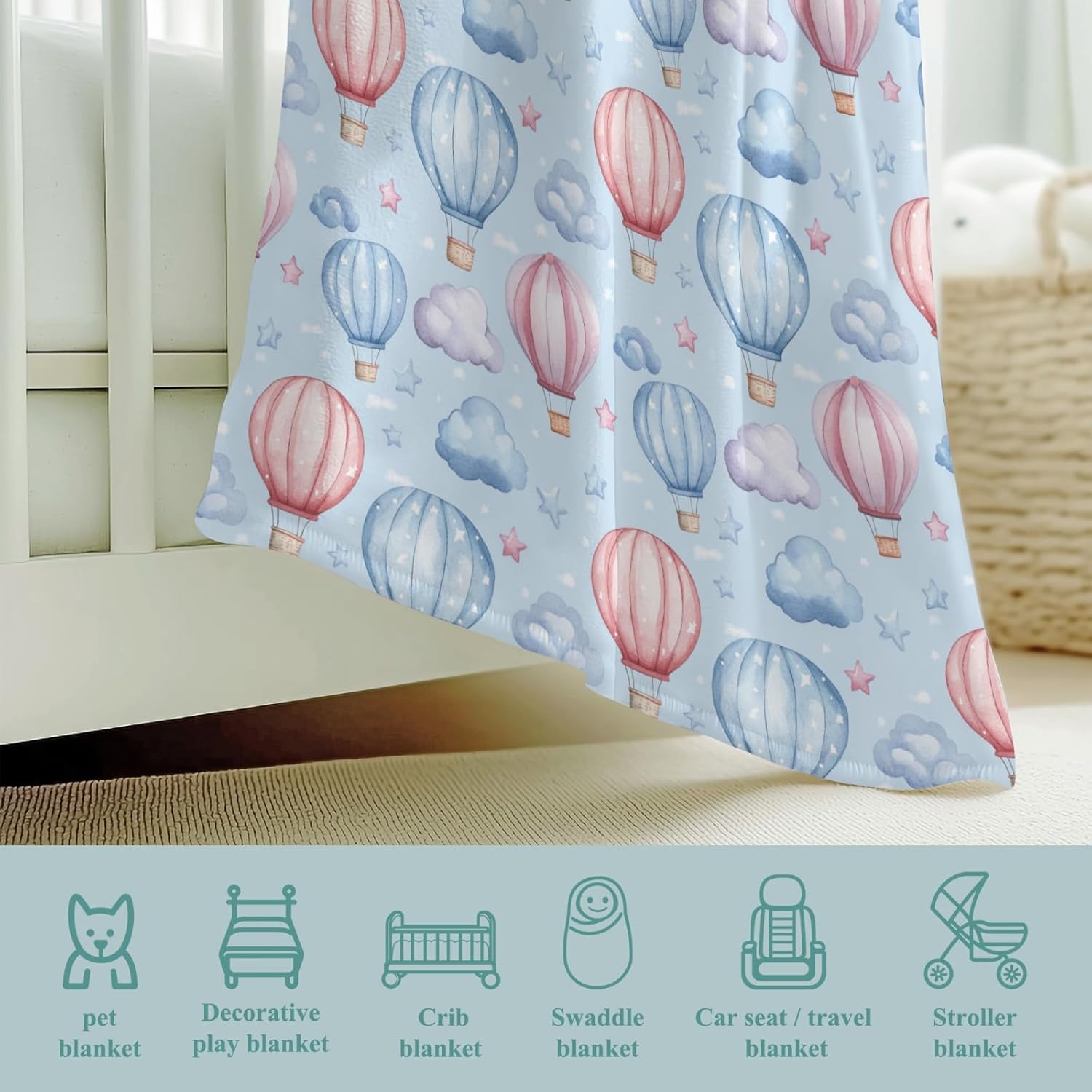 Cute Hot Air Balloon Stars Baby Blankets for Boy Girl Blue Pink Balloons Cloud Flannel Fleece Nursery Bed Receiving Swaddle Soft Infant Toddler Newborn Blankets for Crib Stroller