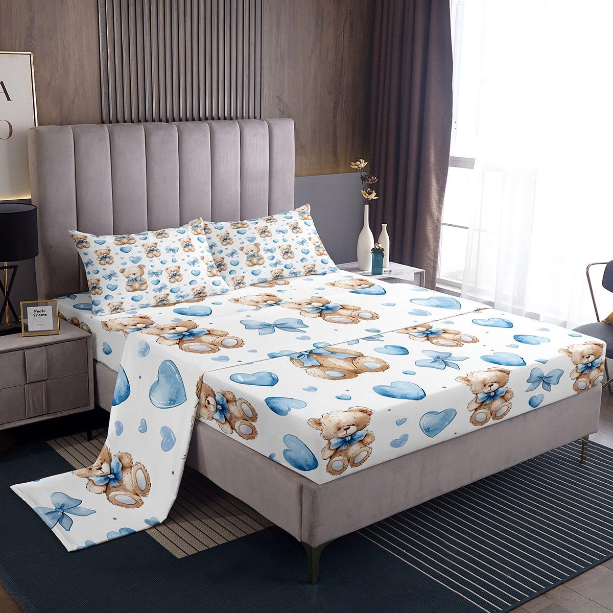 jejeloiu Cute Bear Bed Sheets Set King Size Bowknot Deep Pocket Fitted Sheet Heart Bedding Sets Kawaii Soft Bed Set 4Pcs with 2 Pillow Cases Baby Blue