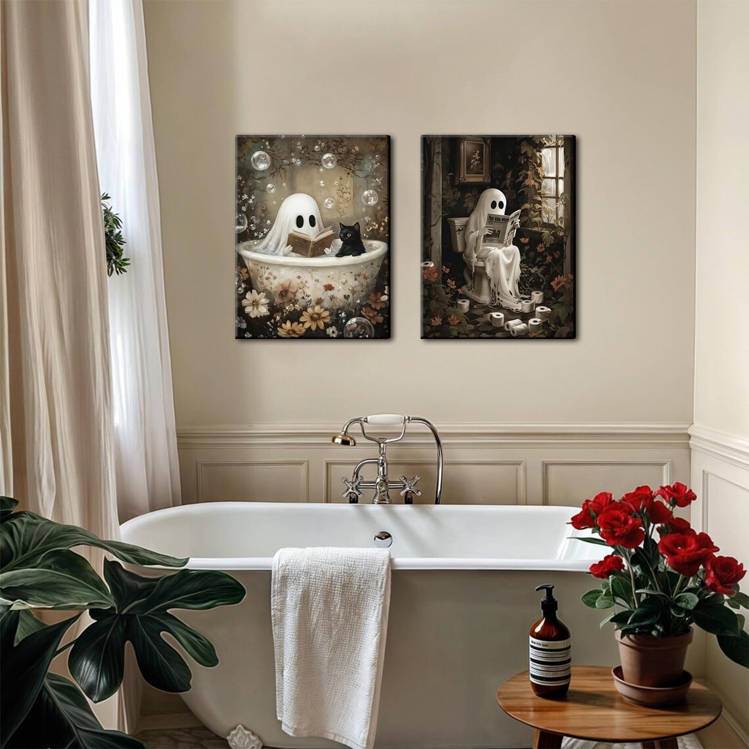 Halloween Ghost Bathroom Wall Art Set of 2, Funny Gothic Wall Decor Ghost and Black Cat in Bathroom Poster Canvas Prints Artwork Dark Academia Pictures for Bedroom Living Room 12x16 inch Framed