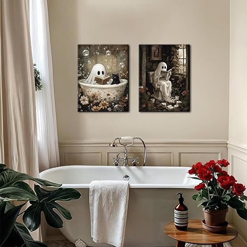 Miniatura 2 de Juego de 2 arte de pared de fantasma de Halloween para baño, divertido gótico, decoración de pared de fantasma y gato negro en el baño, impresiones