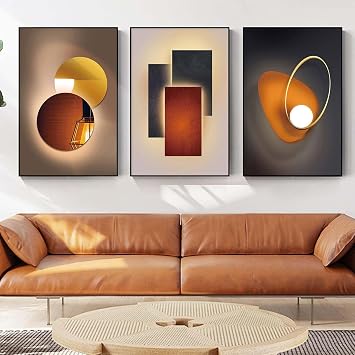 BACKYMRJCART Abstract Geometric Brown Orange Canvas Wall Art Grey Brown Geometric Artwork for Living Room Poster Modern Orange Canvas Pictures 16x24inchx3 No Frame