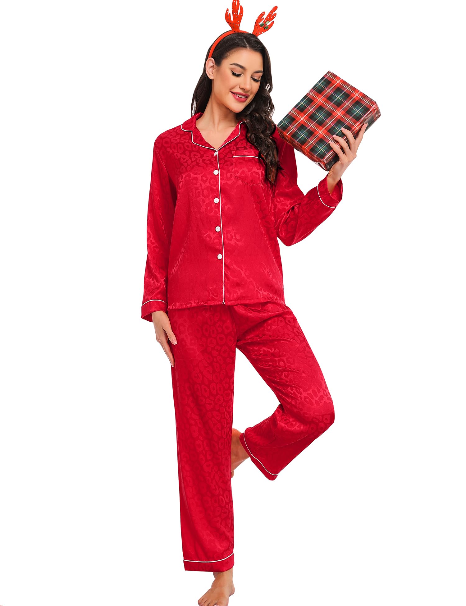 SWOMOG Womens Silk Satin Pajamas Set Long Sleeve Button Down Sleepwear 2 Piece Lounge Set Pj Set XS-3XL: Red Leopard X-Large