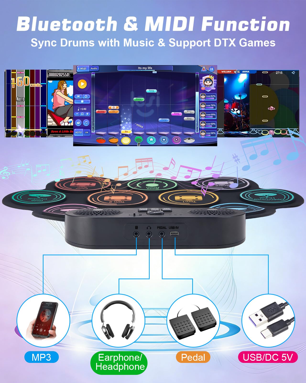 Anpro Elektronisches Schlagzeug-Set, 9 Trommelpads mit Dual-Stereo-Lautsprechern, Rollbares Drumkit mit Pedalen & Sticks, Kopfhörer/Bluetooth/MIDI Unterstützung, Geschenk für Kinder & Anfänger