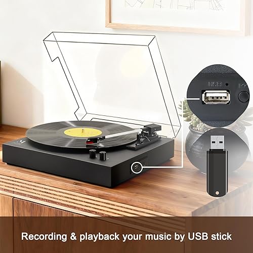 Miniatura 5 de Tocadiscos de vinilo de 3 velocidades, tocadiscos vintage con salida Bluetooth/USB/RCA, fonógrafo de parada automática, regalos para entretenimiento