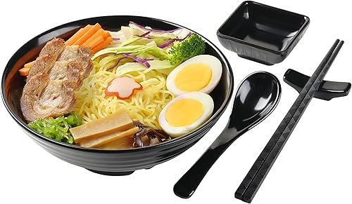 Miniatura 6 de Juego de cuencos irrompibles para ramen con palillos y cuchara 2 cuencos grandes de melamina de estilo japonés, cuencos de inmersión y soportes para