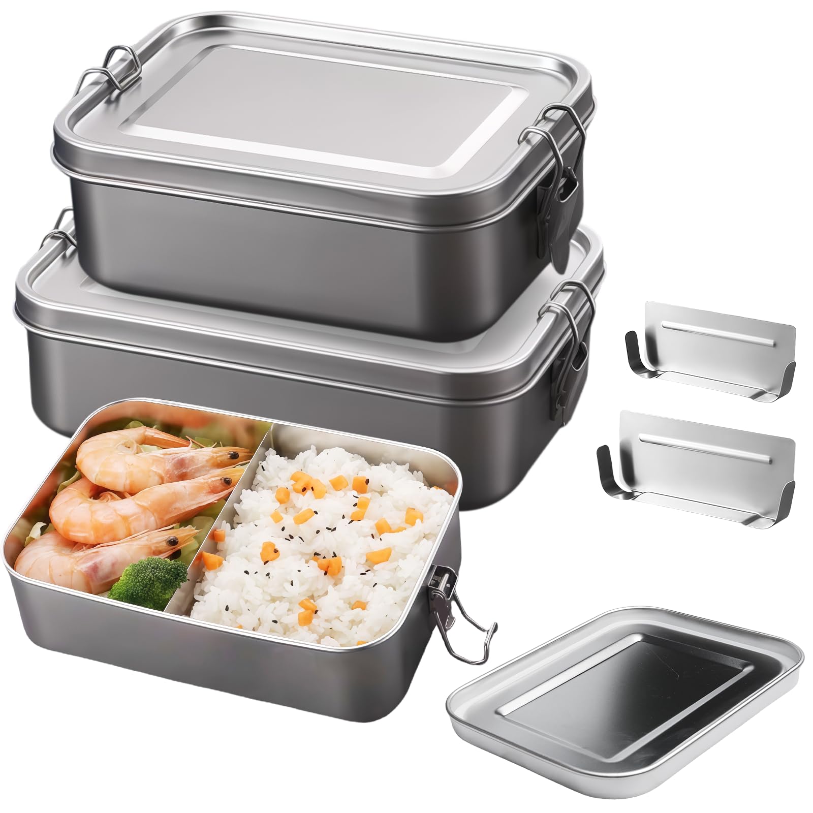 thumbnail: LEKEFETO Roestvrijstalen Broodtrommels – 850 Ml + 1400 Ml – Lekvrij, Met Scheidingswand – Voor Lunch Onderweg