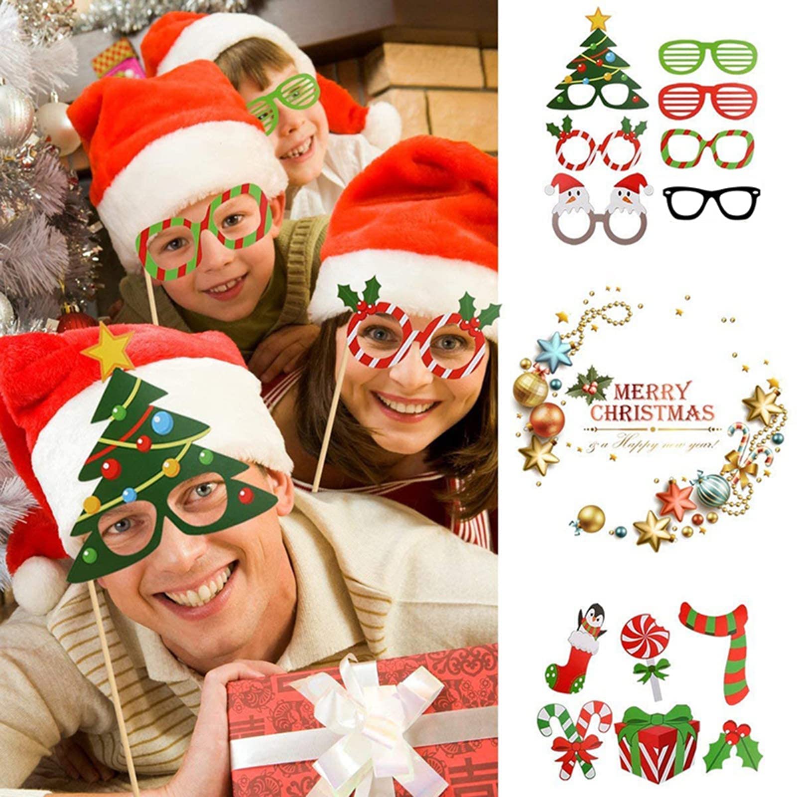 11-teiliges Set Weihnachts-Fotoautomaten-Requisiten | Lustige Papierbrillen & Masken Für Partys