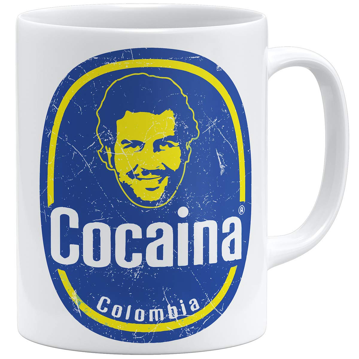 OM3Pablo-Cocaina Ceramic Mug 11 oz 325 ml Bananas De Colombia Cocaine Fun Parody White