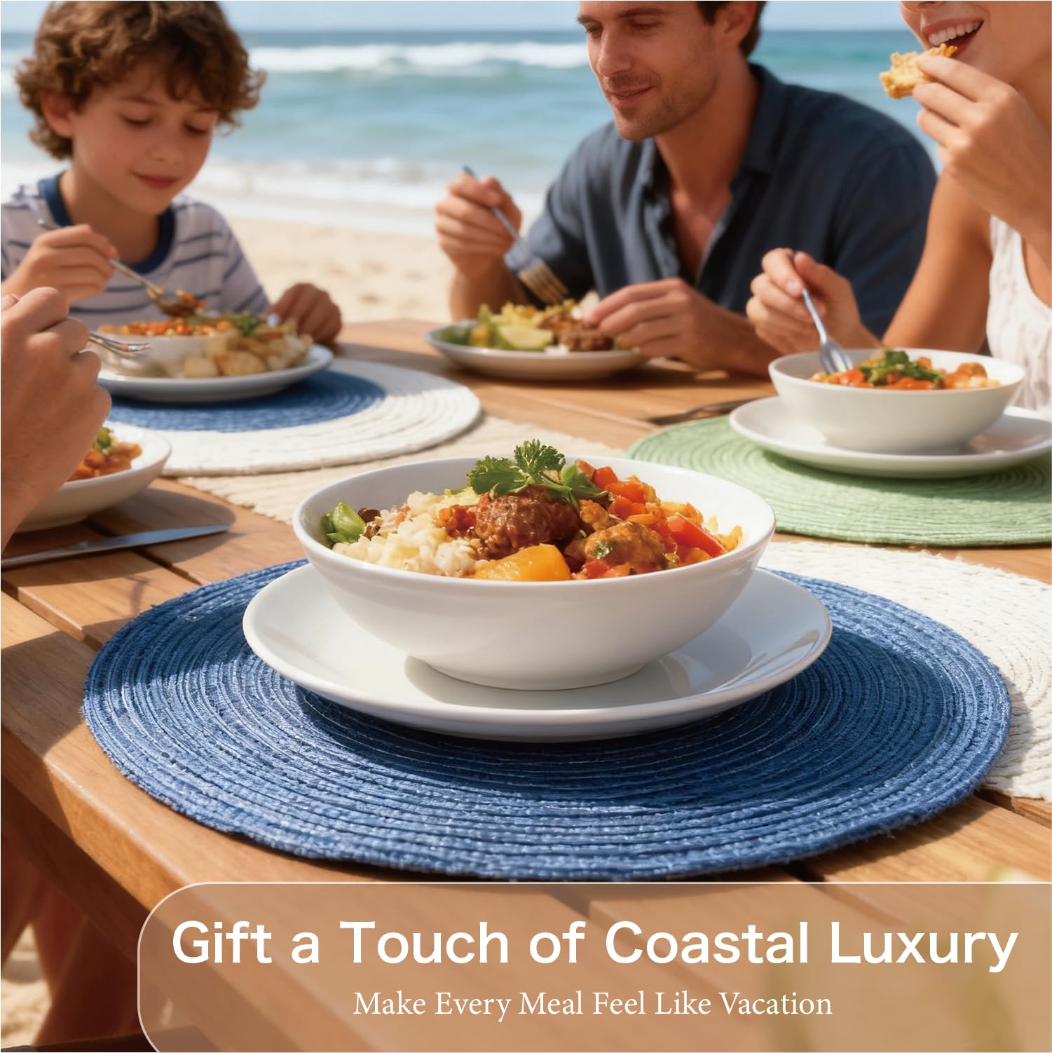 Blue Woven Placemats Set of 8,Washable Wipeable Woven TableMats Set of 8, Rattan Look Placemats,Blue ocen-Like placemats 15 Inch(Blue White)