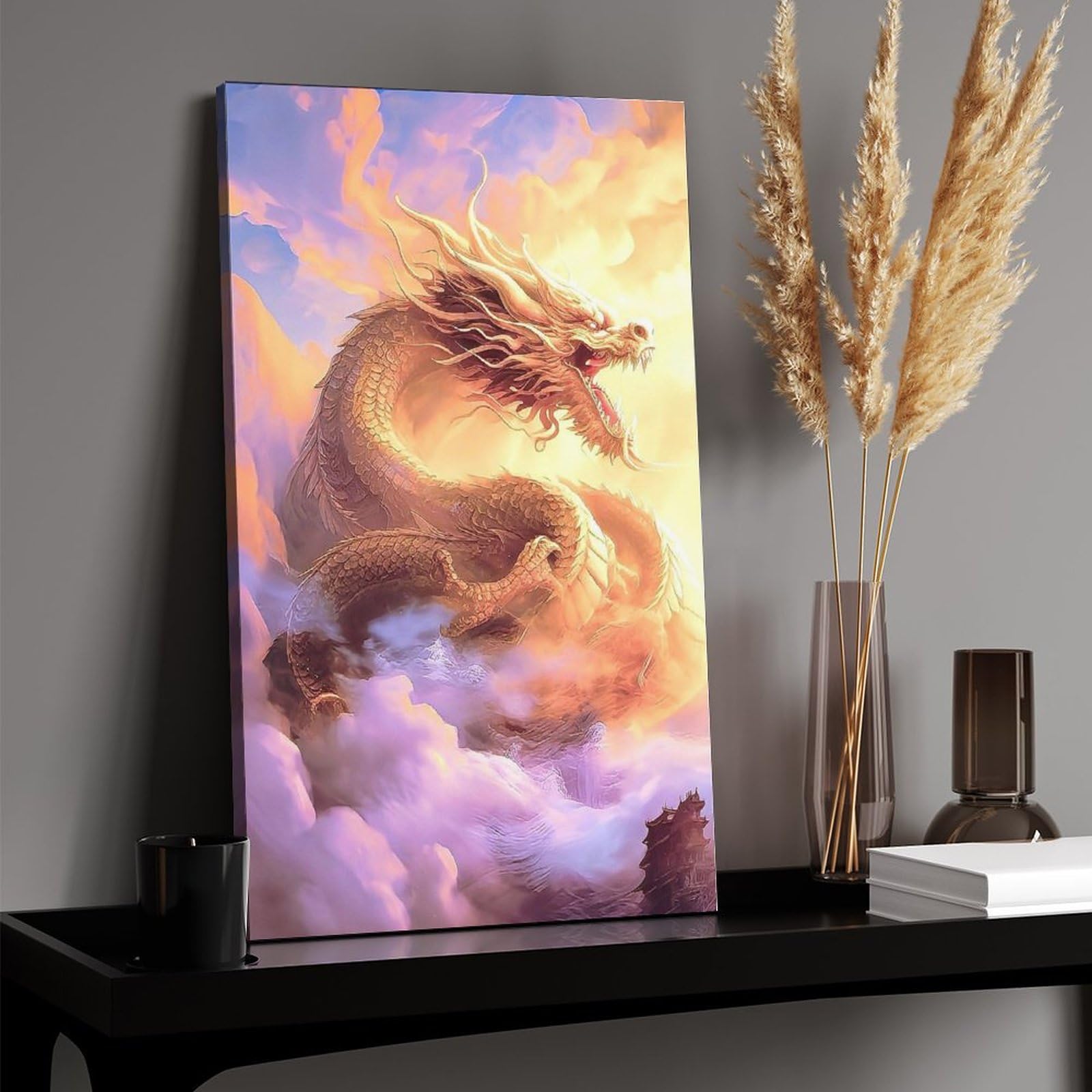 Amazon.co.jp: 絵画 雲の中の龍インテリア 絵画 超リアルな油絵 黄金