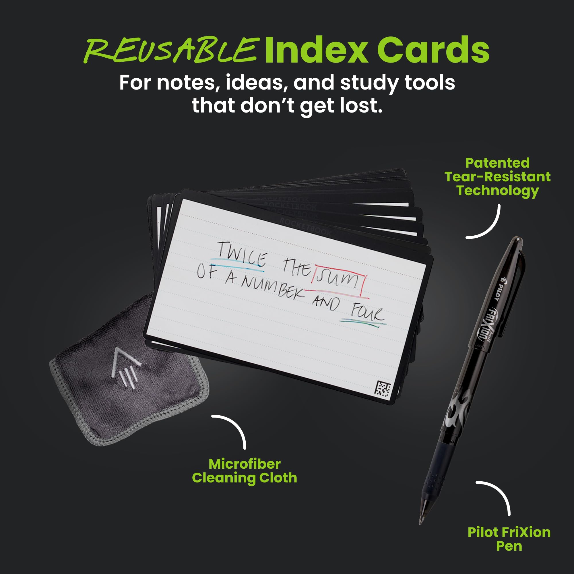 Rocketbook Cloud Cards - Eco-Friendly Reusable Index Note Cards With 1 Pilot FriXion ColorStick Pen & 1 Microfiber Cloth Included - Single Set of 40
