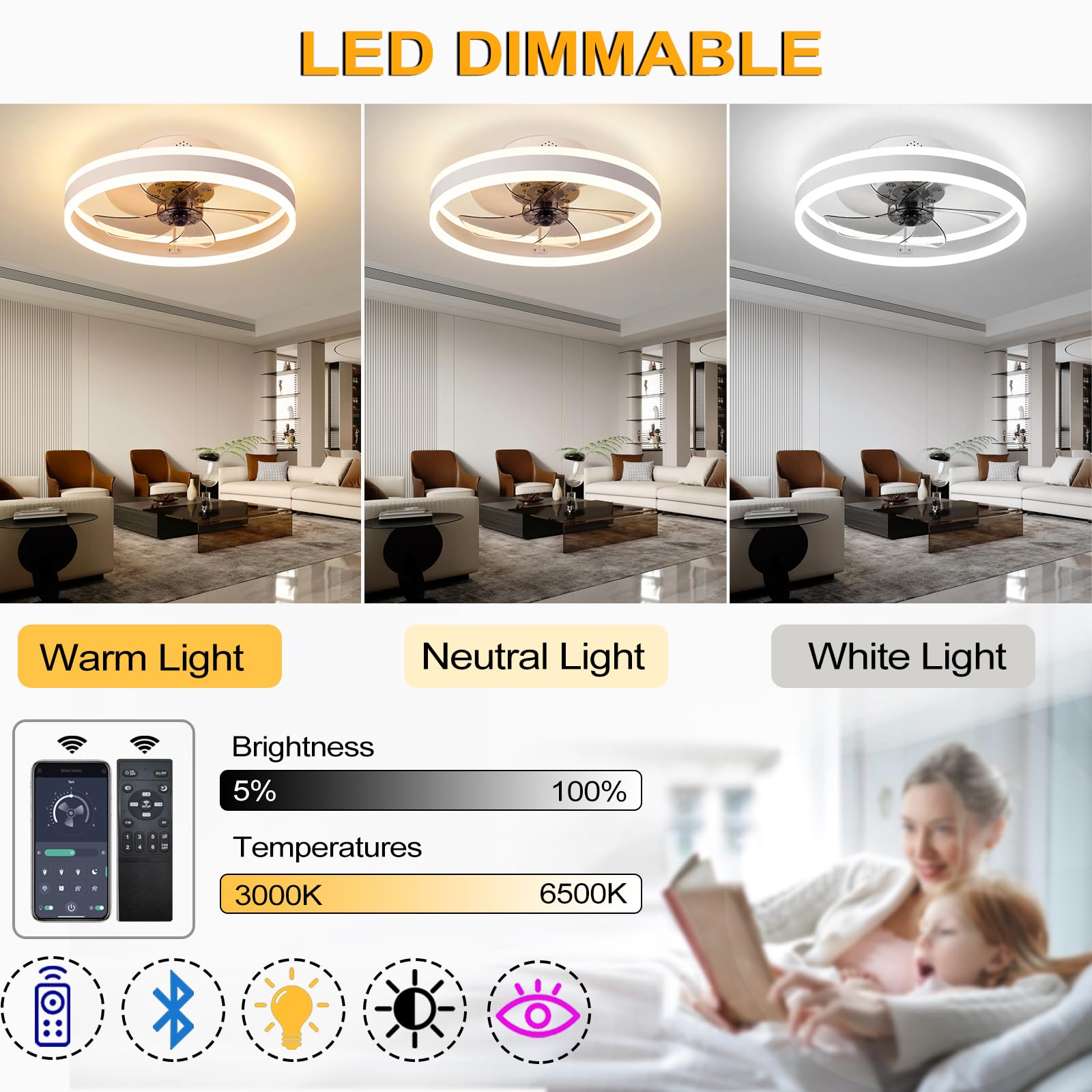 Cichy Wentylator sufitowy ze światłem i zdalne sterowanie, LED 60W Lampa sufitowa Nowoczesny Niski profil Wentylatory sufitowe dla Salon Sypialnia Oświetlenie, 6 prędkości (brązowy, 50CM)