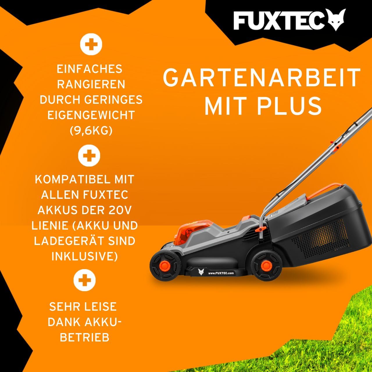 FUXTEC 20V Akku-Rasenmäher FX-E1RM20ECO, leichtgewichtiger Gartenmäher für kleine Flächen bis 200 m², 30 L Fangbox, Schnittbreite 30 cm, ohne Akku
