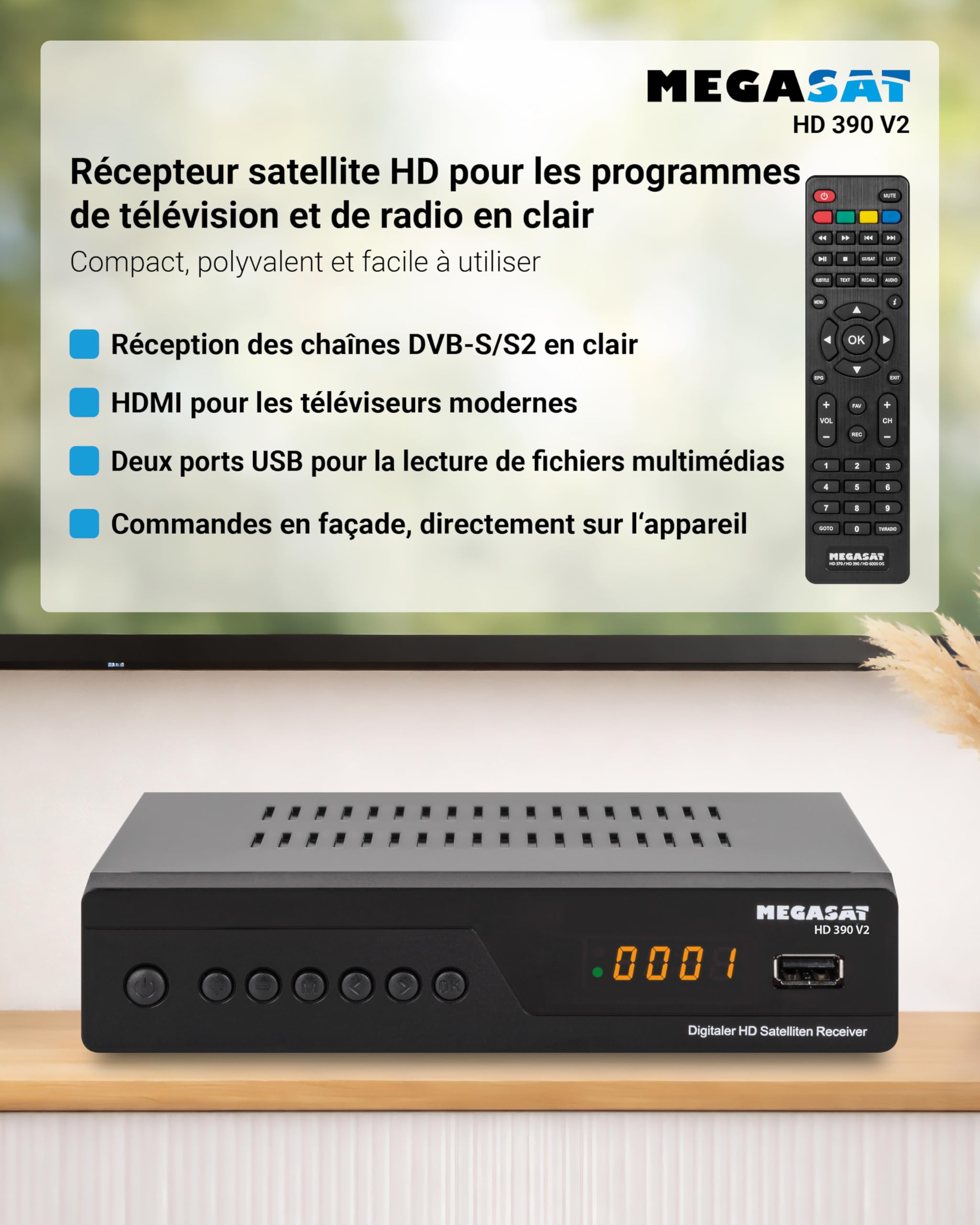 Megasat HD 390 – Récepteur Satellite HD (DVB-S/DVB-S2, Lecteur multimédia, HDMI, Péritel, 2 × USB, écran) – Noir