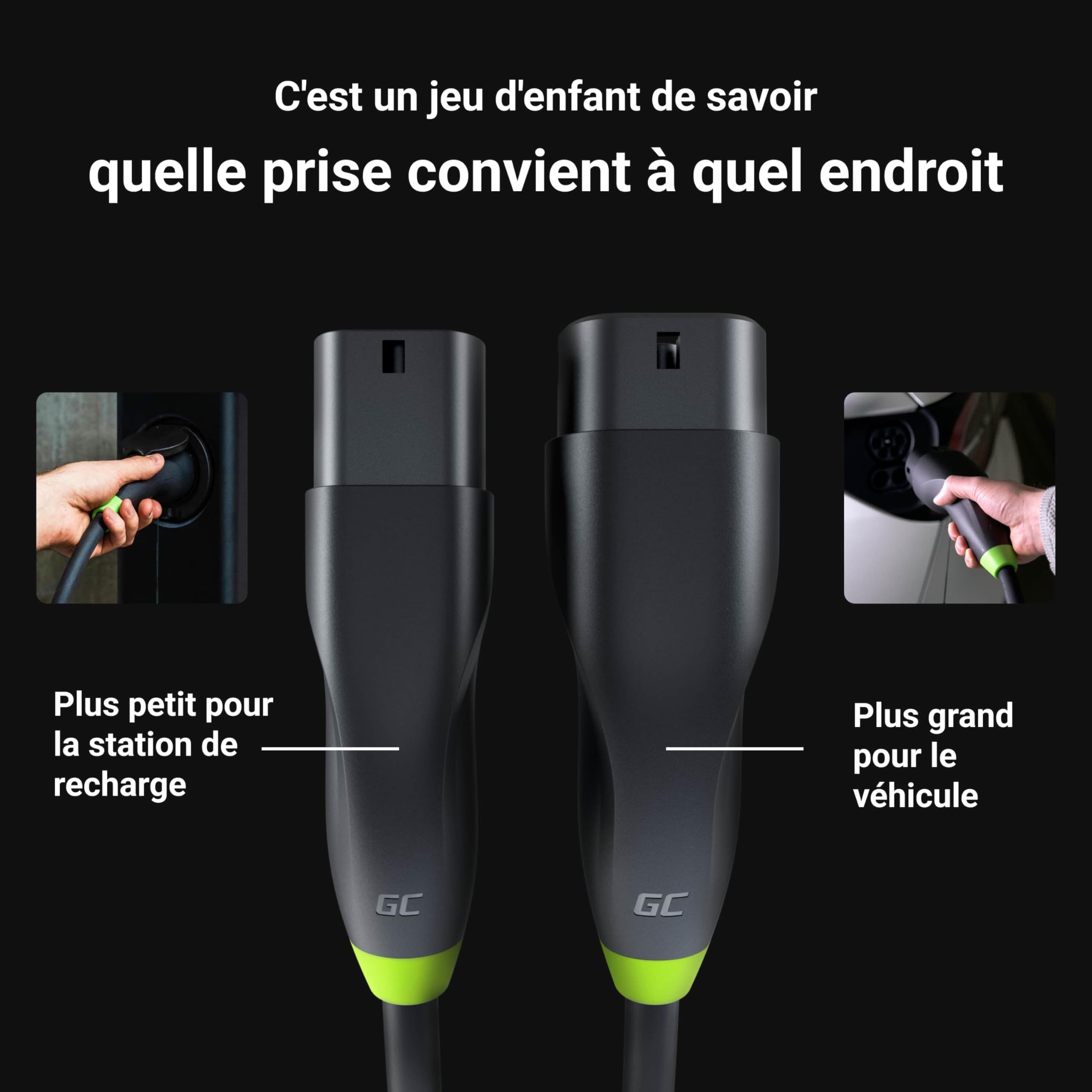 Green Cell GC Snap Type 2 Cable de Recharge 11kW 7m 16A pour EV Voiture Électrique Type 2 de 2 3-Phases TÜV Compatible avec Model Y 3 S X, e-208, 500e, 600e, Megane E-Tech, ID.3, ID.4, EV6